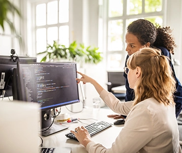 Coworkers discussing computer program